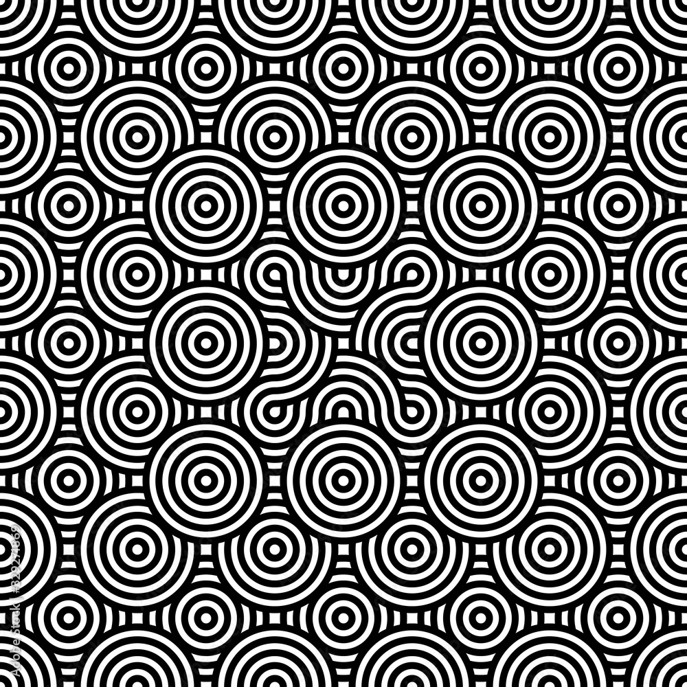Black and white geometric circle impossible background seamless pattern. Round vector illustration for greeting cards, cover, flyer, wallpaper. Abstract texture ornament design, repeating tiles Black and white geometric circle impossible background seamless pattern. Round vector illustration for greeting cards, cover, flyer, wallpaper. Abstract texture ornament design, repeating tiles