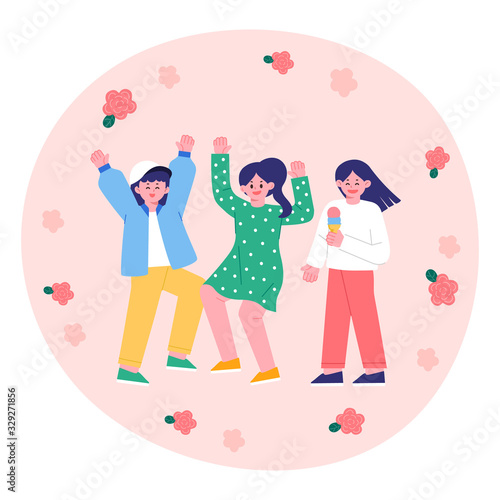 Hello spring, dancing women, fun festival. People Vector Illustrations