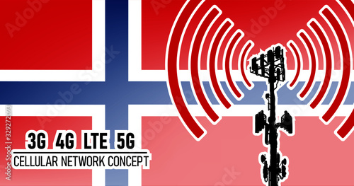 Cellular mobile tower connection network concept for Norway, vector illustration of 3g 4g LTE and 5g dangerous waves from the cell tower, risk of 5G idea in colors red, blue, white