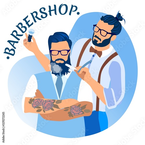 Stylish Hipster Barber Shaving Customers Beard with Straight Razor in Barbershop, Men Hairdressing Salon, Grooming Place, Professional Beauty Club, Fashion, Cartoon Flat Vector Illustration, Banner