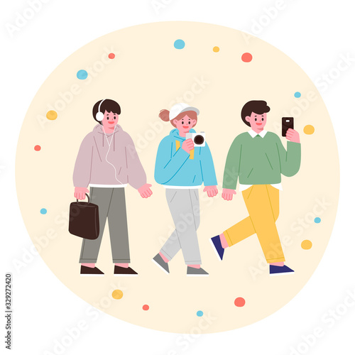 person holding a camera and a person listening to music. People vector illustration