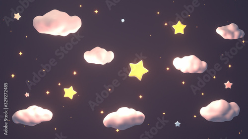 Fototapeta Naklejka Na Ścianę i Meble -  Cartoon glowing stars and white clouds in the sky at night. 3d rendering picture.