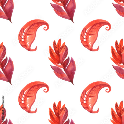 watercolor pattern with red leaves on white background