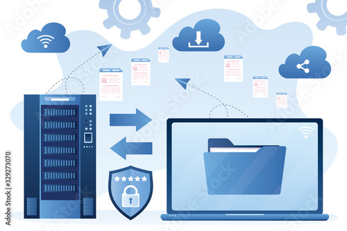 Hosting network service or online database storage system. Cloud storage technology concept. Data protection.