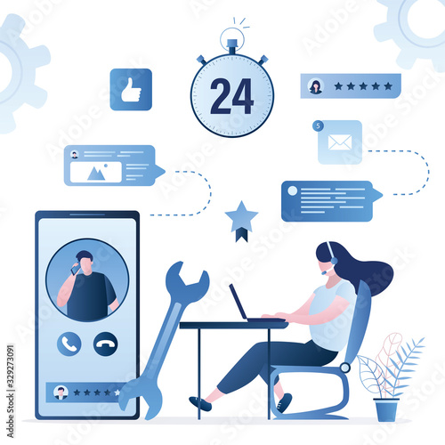 Woman consultant or assistant at workplace. Female character helper. Online chat,feedback and customer help