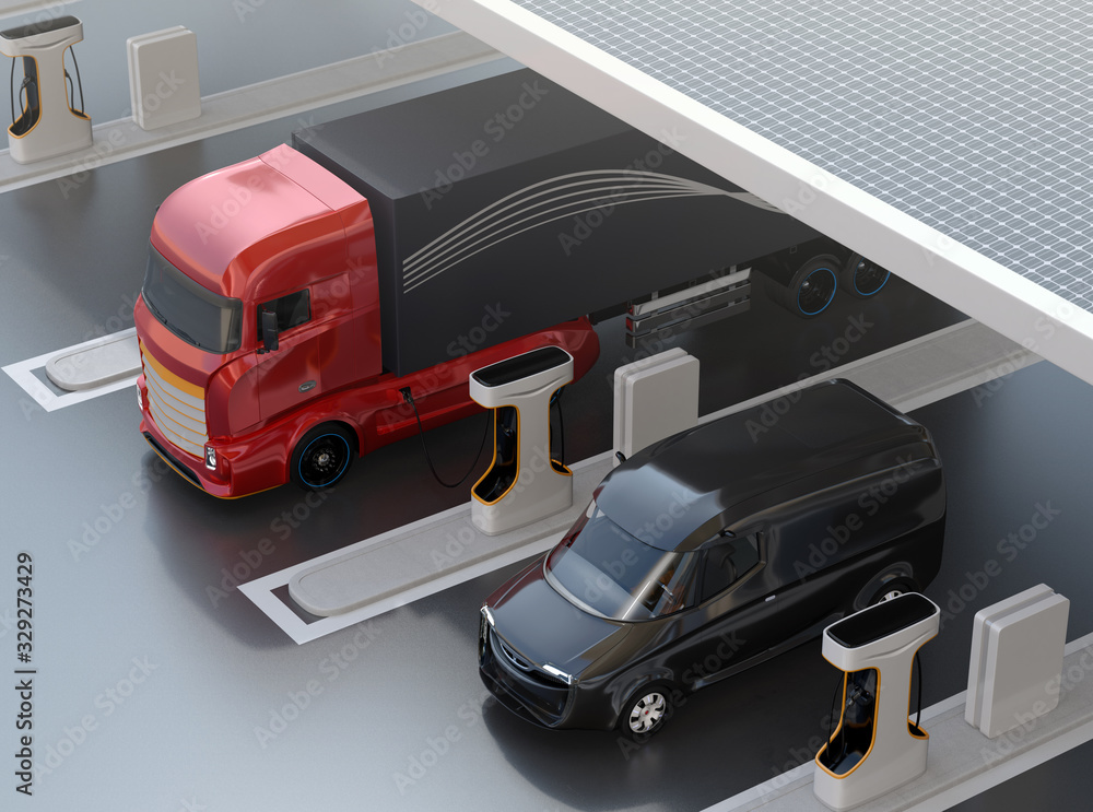 Generic design Heavy Electric Truck charging at Public Charging Station with roof-mounted solar panels. 3D rendering image. Generic design Heavy Electric Truck charging at Public Charging Station with roof-mounted solar panels. 3D rendering image.