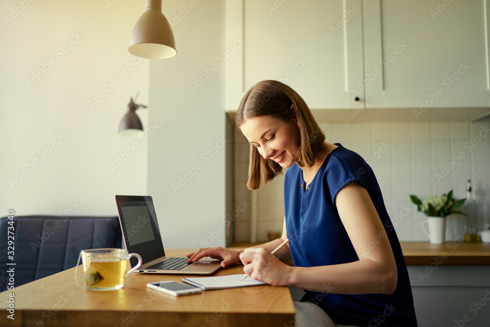 Ideas for business. Studying and working at home. Freelance concept. Thoughtful young woman making notes using laptop in kitchen. Ideas for business. Studying and working at home. Freelance concept. Thoughtful young woman making notes using laptop in kitchen.