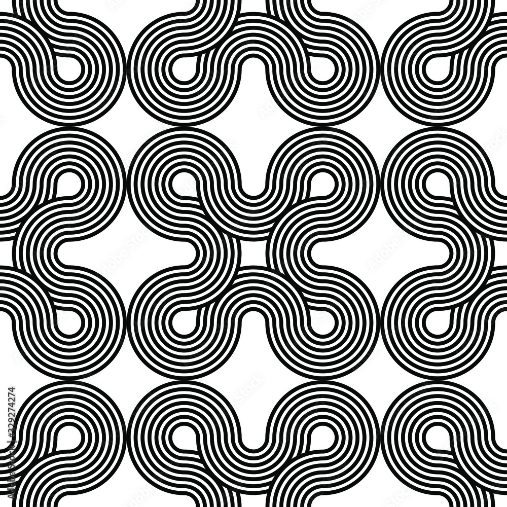 Obraz premium Black and white geometric circle impossible background seamless pattern. Round vector illustration for greeting cards, cover, flyer, wallpaper. Abstract texture ornament design, repeating tiles