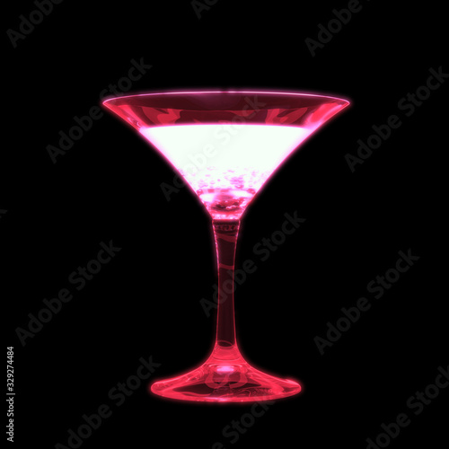 Conical Martini Cocktail Glass with Pink Fizz Drink, Sparkling Wine or Champagne Glowing in Neon Lights. 3D Render Isolated on Black Background.