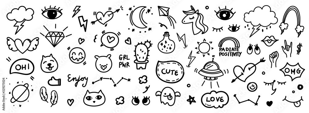 Cute hand drawn doodle vector set, love, tattoo , firework, cloud, Unicorn, weather, rainbow, cat,dog, heart and creative design vector collection. - obrazy, fototapety, plakaty 