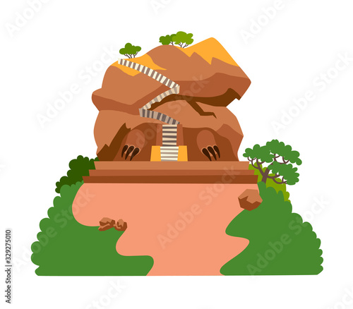 Sigiriya rock vector illustration. Fantastic mountain kingdom with stairs to the top. Rock mountain Sri Lanka landmark cartoon style. Asian forest landscape. Isolated drawing icon on white background 