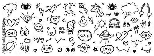 Fototapeta Naklejka Na Ścianę i Meble -  Cute hand drawn doodle vector set, love, tattoo , firework, cloud, Unicorn, weather, rainbow, cat,dog, heart and creative design vector collection.