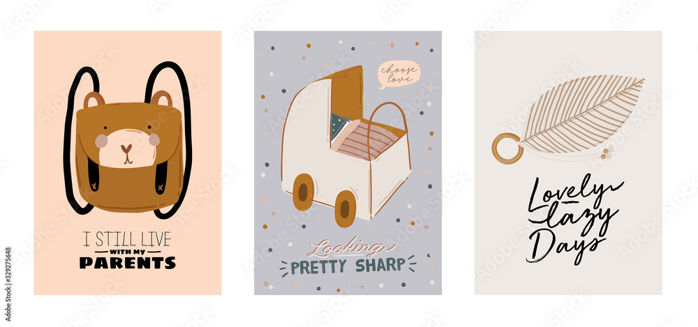 Cute kids scandinavian characters set including trendy quotes and cool animal decorative hand drawn elements. Cartoon doodle  illustration for baby shower, nursery room decor, children design. Vector.