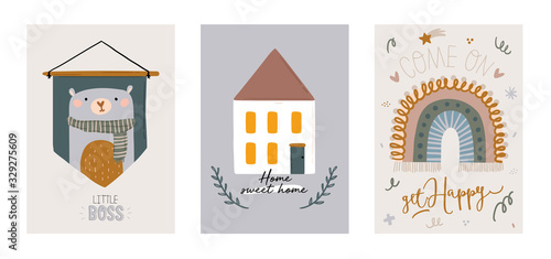 Cute kids scandinavian characters set including trendy quotes and cool animal decorative hand drawn elements. Cartoon doodle  illustration for baby shower, nursery room decor, children design. Vector.