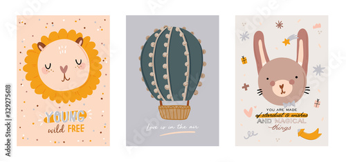 Cute kids scandinavian characters set including trendy quotes and cool animal decorative hand drawn elements. Cartoon doodle  illustration for baby shower, nursery room decor, children design. Vector.