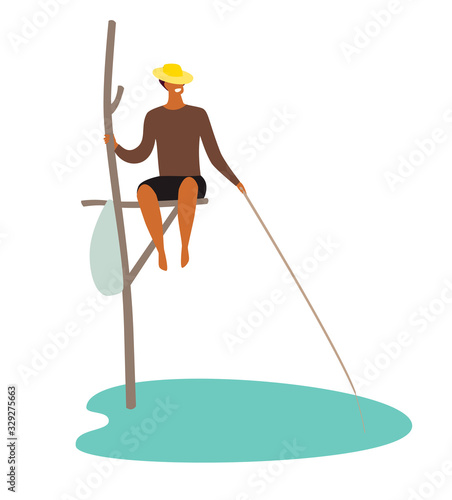 Sri Lanka fisherman vector illustration. National tourist attraction sign. Asian fisherman on the sea. Cartoon flat character isolated on white background