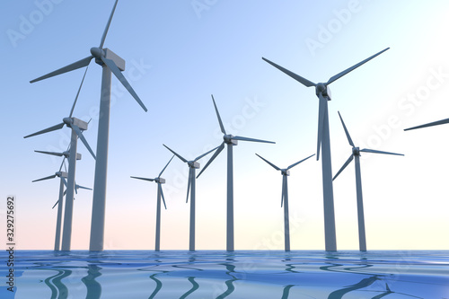 Offshore wind turbines. Generates power by receiving wind. 3D rendering
