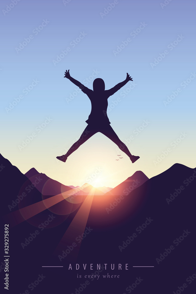 happy girl with raised arms jumps at purple mountain landscape vector illustration EPS10