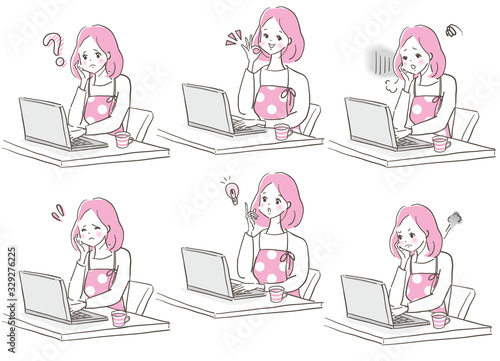 女性表情セット　手描きイラスト　シンプルカラー
