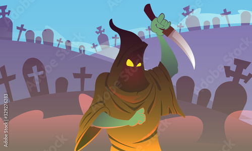 Horror Film Scene, Scary Executioner with Glowing Yellow Eyes Wearing Hoodie with Tippet Threaten Somebody with Sharp Knife on Fearful Cemetery Background, Thriller. Cartoon Flat Vector Illustration