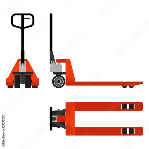 Hand pallet truck, flat design. Top view, front and side view. Vector illustration.