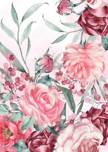 Background summer garden, delicate flowers and leaves of peonies and roses. Watercolor illustration.