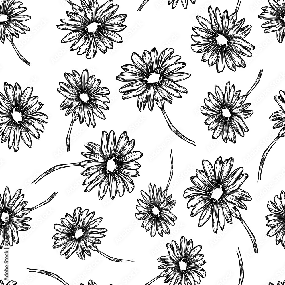 monochrome pattern daisy flowers graphic outline seamless wallpaper print textile vector illustration isolate nature greens monochrome pattern daisy flowers graphic outline seamless wallpaper print textile vector illustration isolate nature greens