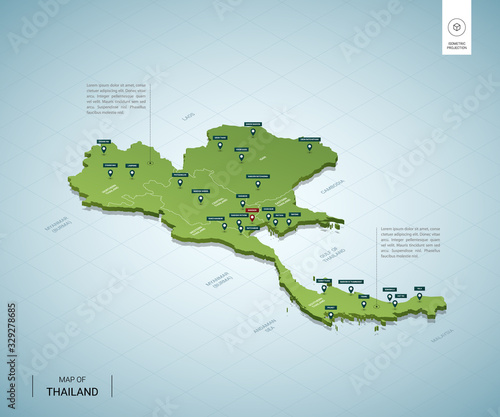 Stylized map of Thailand. Isometric 3D green map with cities, borders, capital Bangkok, regions. Vector illustration. Editable layers clearly labeled. English language.