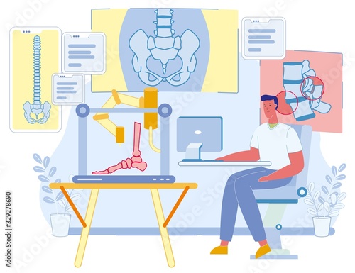 Cartoon Male Medical Scientist Character Printing Foot on 3D Printer in Research Laboratory. Innovative Smart Medicine of Future. Bioprinting Additive Technology. Vector Flat Illustration