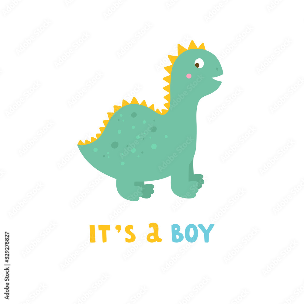 It's a boy lettering card with cute little dinosaur. Vector newborn concept for birthday boys It's a boy lettering card with cute little dinosaur. Vector newborn concept for birthday boys
