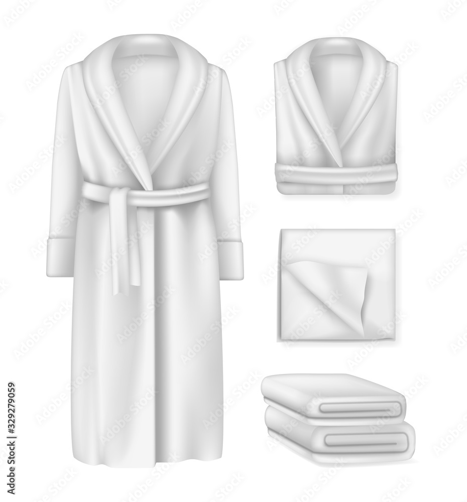 Blank bathrobe male and female, fluffy towel, cloths pemty template mock-up. - obrazy, fototapety, plakaty 