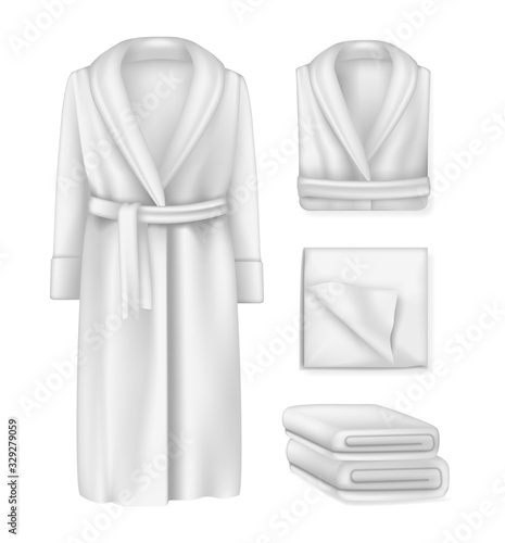 Blank bathrobe male and female, fluffy towel, cloths pemty template mock-up.