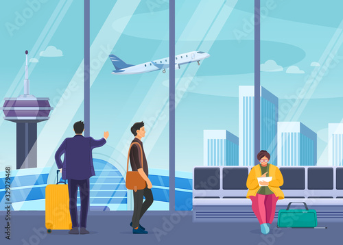 Passenger group people together waiting in airport terminal. Passengers family with child in pram, elderly waiting to arrival, departure with luggage, suitcases, in waiting room cartoon vector