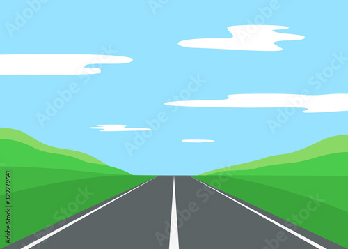 Straight empty asphalt road to nature. Street with field, meadow, hills, clouds. Beautiful summer nature landscape. Vector illustration