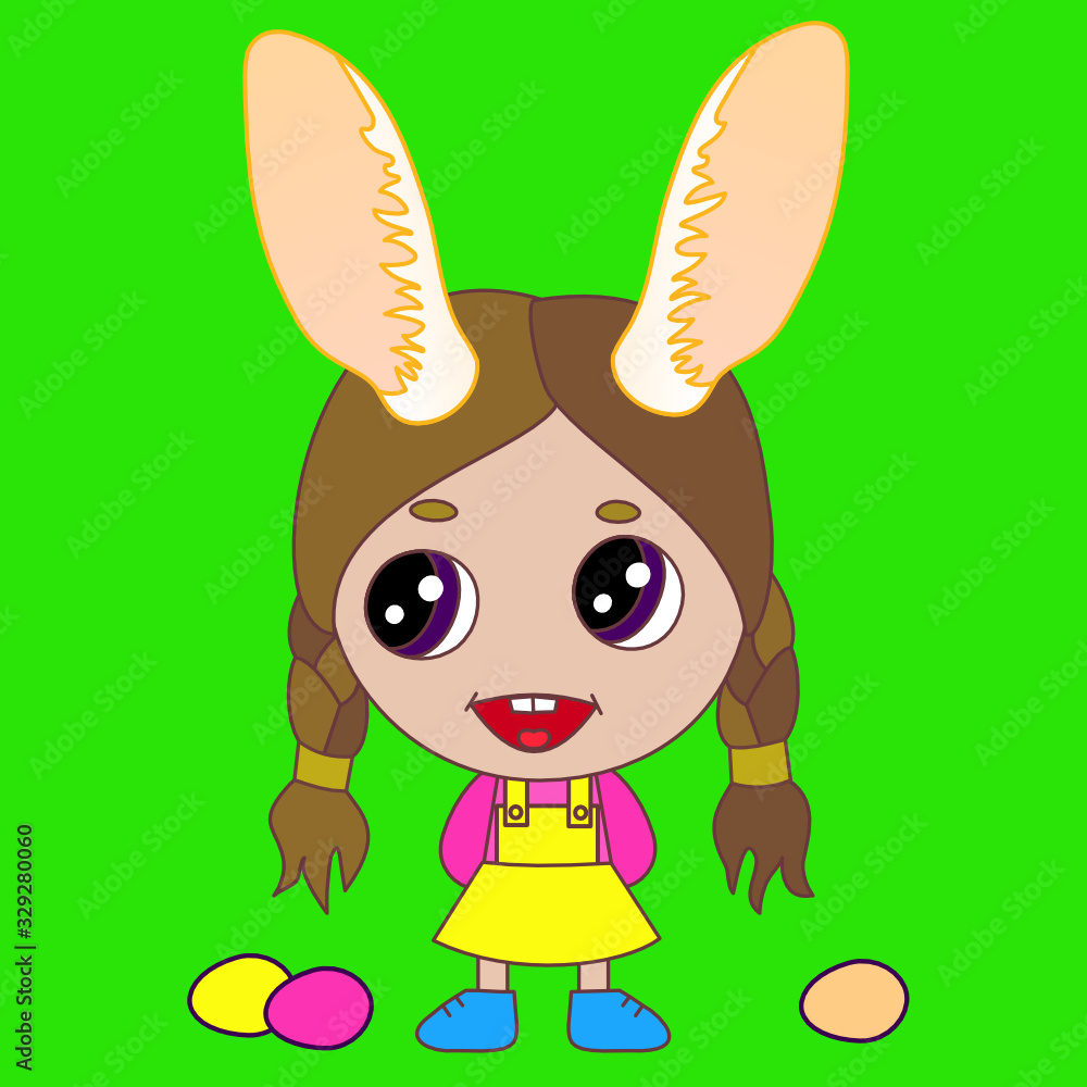 Fototapeta premium emoji with smiling chibi girl with pigtails wearing easter bunny rabbit ears, simple colored emoticon on isolated background