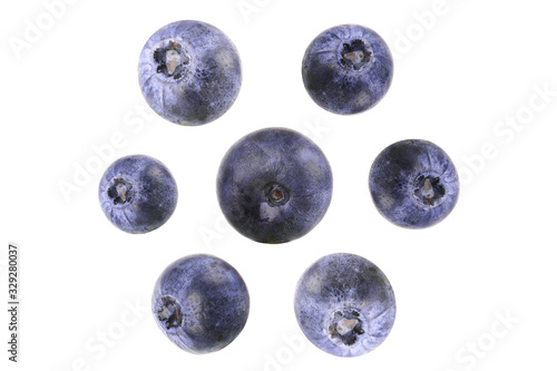 Blueberries isolated on a white background. Top view. Close-up.