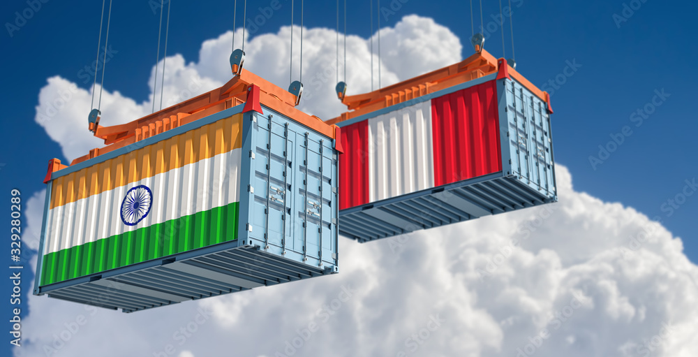Shipping containers with India and Peru flag. 3D Rendering 