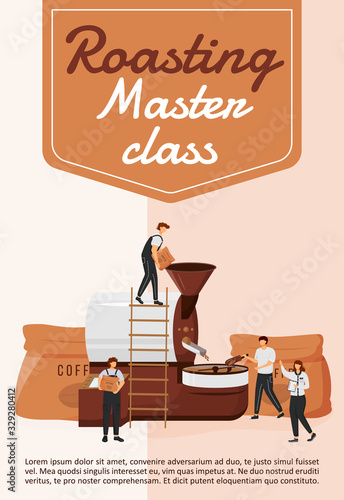Roasting master class poster flat vector template. Arabica and robusta beans. Brochure, booklet one page concept design with cartoon characters. Professional workshop flyer, leaflet