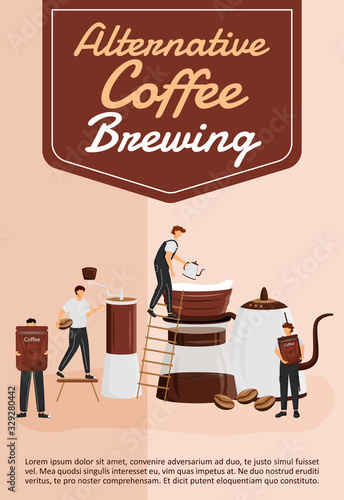 Alternative coffee brewing poster flat vector template. Filter and pour over utensils. Brochure, booklet one page concept design with cartoon characters. Coffeehouse flyer, leaflet