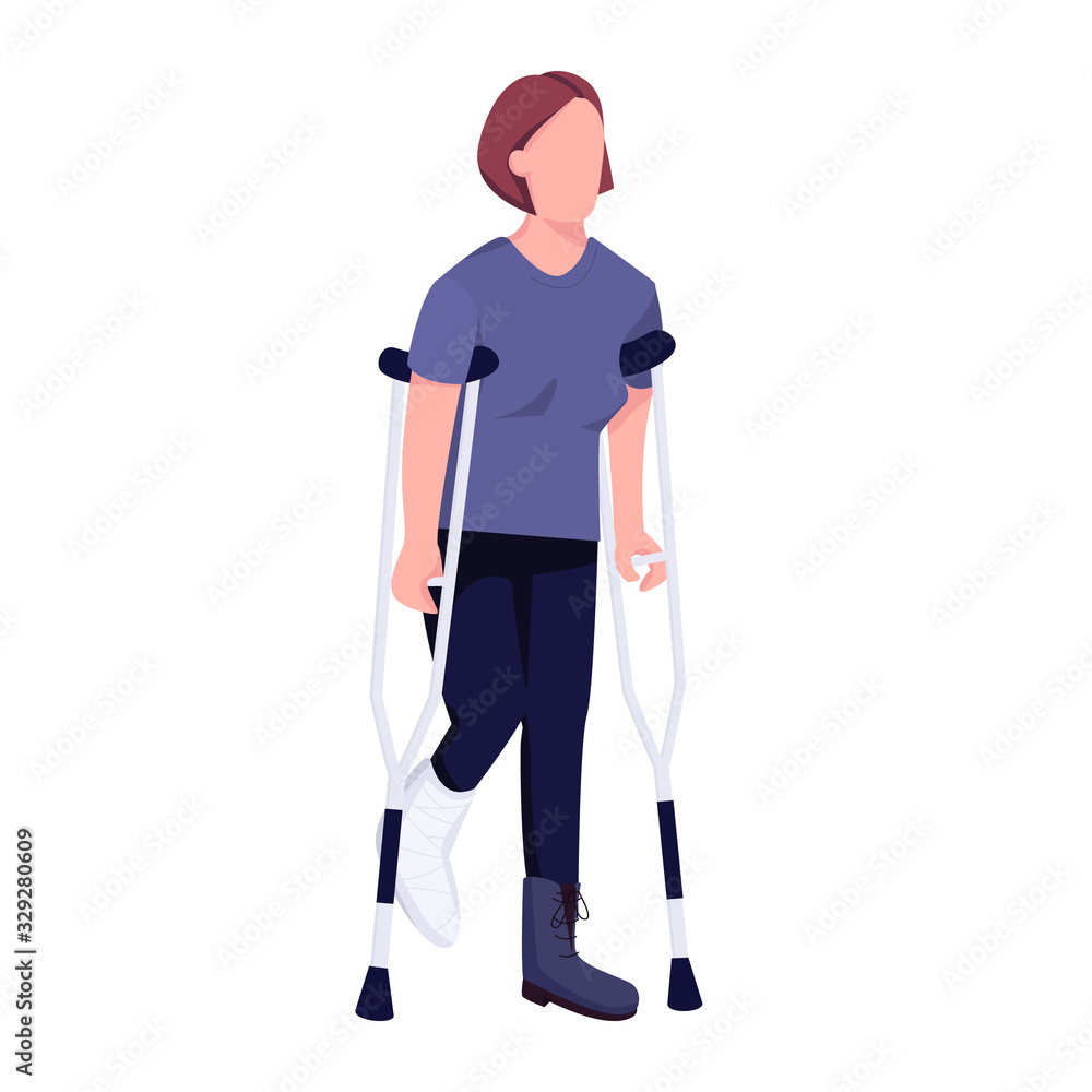 Injured woman on crutches flat color vector faceless character. Female patient with broken leg