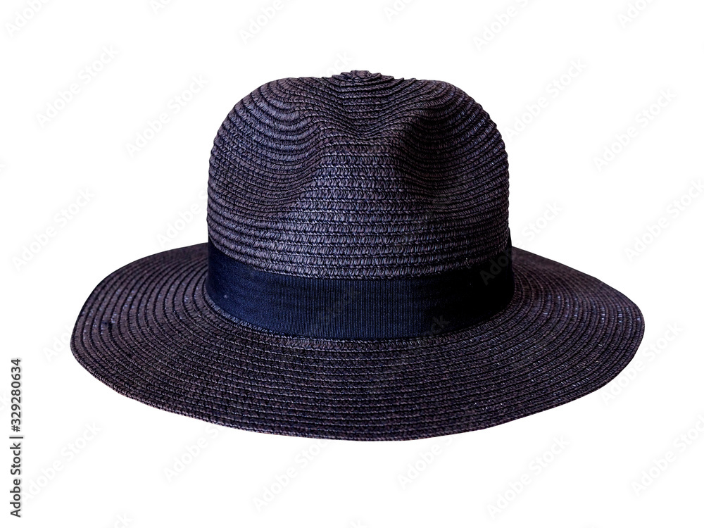 Black wide brimmed straw hat, summer fashion of women isolated on white background. Black wide brimmed straw hat, summer fashion of women isolated on white background.
