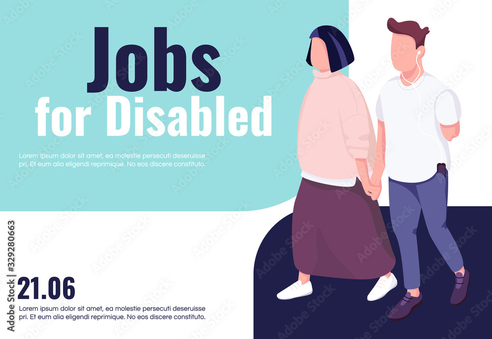Jobs for disabled banner flat vector template. Brochure, poster concept design with cartoon characters. Handicapped people inclusion and accessibility horizontal flyer, leaflet with place for text