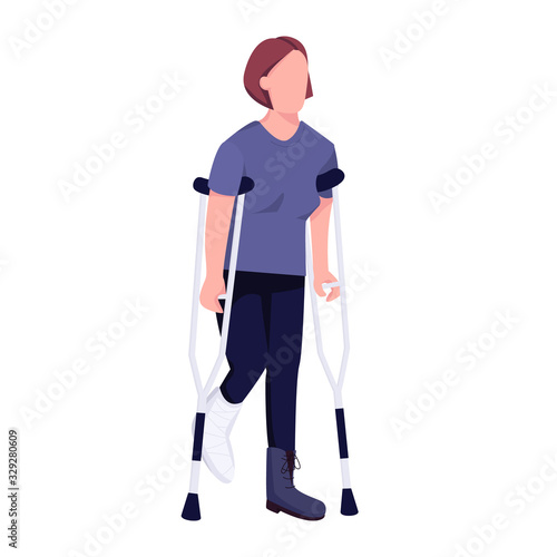 Injured woman on crutches flat color vector faceless character. Female patient with broken leg in plaster, physical trauma isolated cartoon illustration for web graphic design and animation