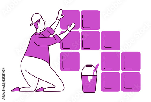 Laying tiles flat silhouette vector illustration. Professional laborer at work. Handyworker in uniform. Handyman 2D isolated outline character on white background. Home repairs simple style drawing