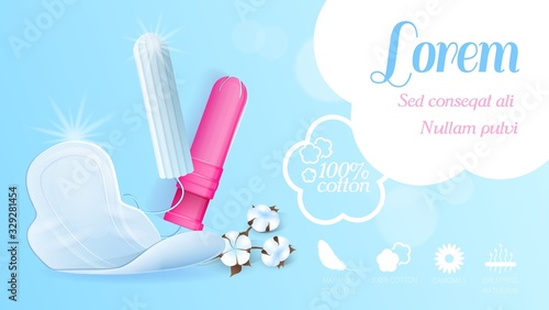 Promo Banner for Feminine Hygienic Cotton Products. Realistic Vector 3d Tampon, Pink Applicator, Pad with Wings and Flower. Illustration with Advertising Text and Breathing, Soft, Chamomile Icons