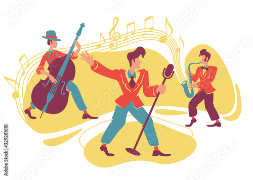 Jazz swing show 2D vector web banner, poster. Retro singer and musicians with double bass and saxophone flat characters on cartoon background. Vintage music club printable patches, colorful elements