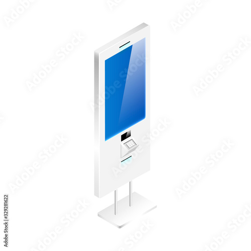 Digital signage vector isometric vector illustration. Portable information kiosk flat color object. Interactive internet panel with sensor display isolated on white background. Self service board