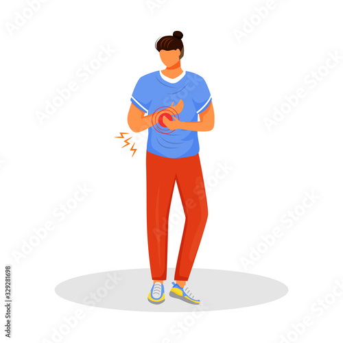 Joint pain flat color vector faceless character. Man strained hand muscle. Guy with arm pain. Unwell person suffering inflammation. Symptom of disease isolated cartoon illustration