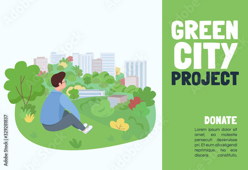 Green city project banner flat vector template. Brochure, poster concept design with cartoon characters. Urban gardening event, buildings landscaping horizontal flyer, leaflet with place for text