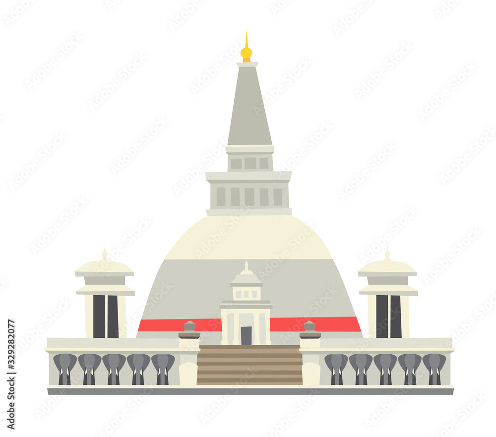 Buddhist stupa vector illustration. Historic famous temple. Asian architecture, traditional buddhist temple at Sri Lanka. Isolated icon on white background